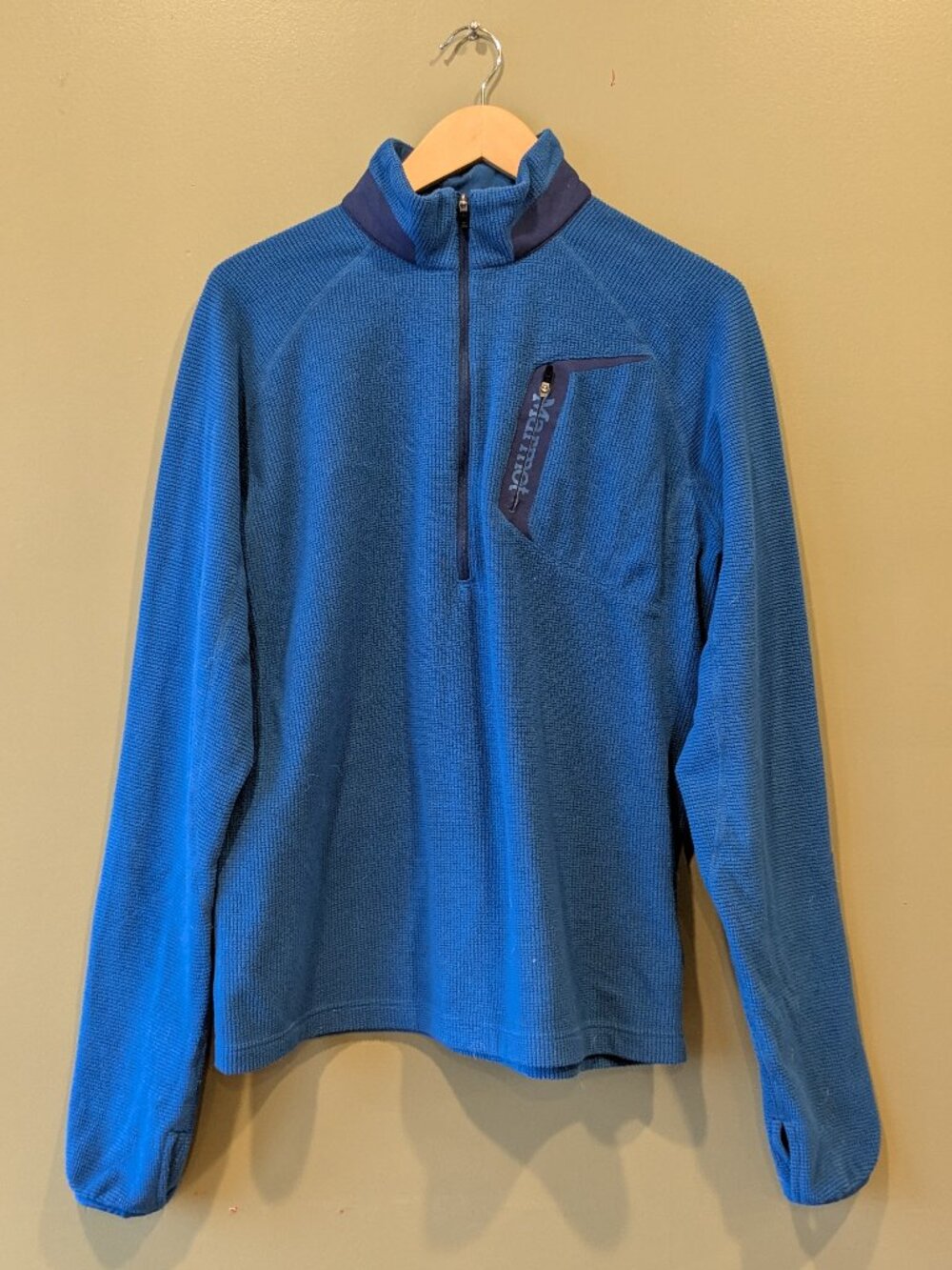 Marmot Mens Med Grid Fleece 1/2 Zip Pullover Blue Thermal Waffle Hiking Midlayer